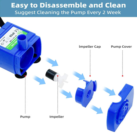 Assembly diagram of Low Power Submersible Cat Fountain Pump Replacement With Led Light 5V 1.5W DR-DC160.