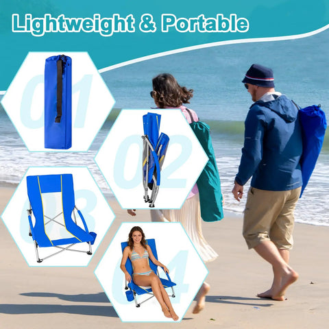 2 Pack Lightweight Low Beach Chairs With Breathable Mesh Back, Folding Portable Sand Chairs With Cup Holder, Beach Scene