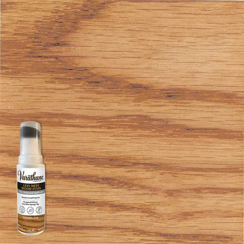 Less Mess Wood Stain And Applicator All In One 4 Oz Bottle Golden Oak For Crafts And Small Projects Water Based Low Odor Formula Easy To Clean With Soap And Water Enhances Natural Wood Grain bottle with wood sample
