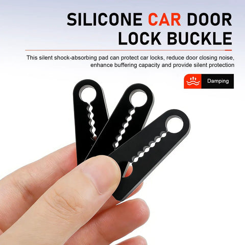 Tight 4 Piece Car Door Lock Covers Silences Rattling Clunks Smoothly Doubles As Shock Absorber Bumpers Easy Slip On Design Fits Just About Any Ride Keeps Door Closing Quiet Matte Black Pack held in hand, showing three silicone pads.