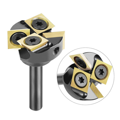 Knockout Heavy Duty Spoilboard Surfacing Router Bit With Carbide Inserts Ats Coating, 1 inch cut diameter, quarter inch shank.