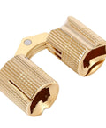 Close-up of Brass Hidden Cylindrical Hinge for Jewelry Boxes and Small Cabinets, 180 degree concealed pivot, polished finish.