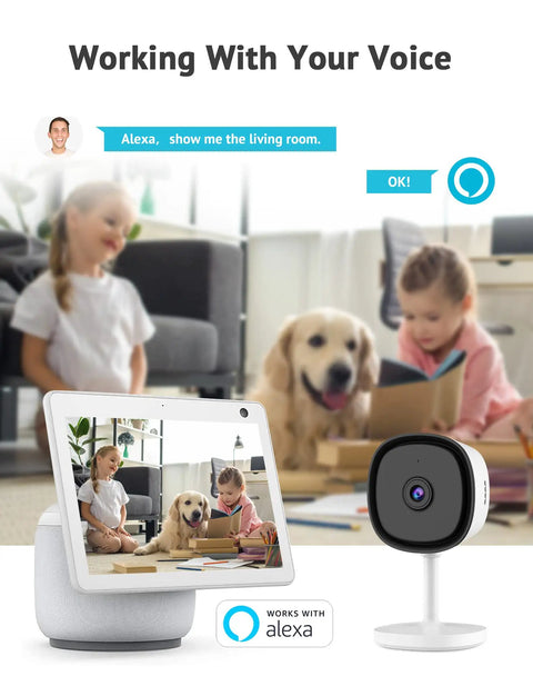 2K Indoor Security Camera for Home, Baby, Elder, and Pet Monitoring With Clear Night Vision next to smart display with Alexa command and child