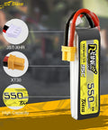 R-Line 550mAh 7.4V 95C 2S LiPo Battery Pack With XT30 Plug for FPV Racing Quadcopters, close-up of battery and connectors