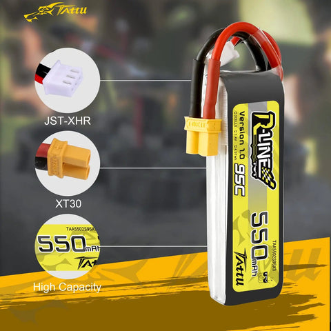 R-Line 550mAh 7.4V 95C 2S LiPo Battery Pack With XT30 Plug for FPV Racing Quadcopters, close-up of battery and connectors