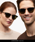 Two models wearing Clubmaster Low Bridge Fit Square Sunglasses With G-15 Green Lenses, 55mm Tortoise On Gold Frame, Unisex Shades