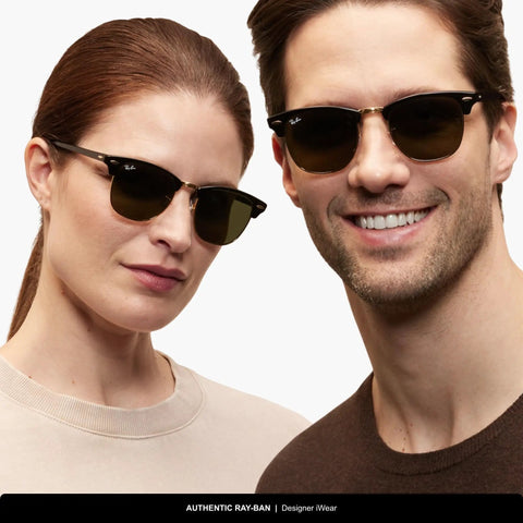 Two models wearing Clubmaster Low Bridge Fit Square Sunglasses With G-15 Green Lenses, 55mm Tortoise On Gold Frame, Unisex Shades