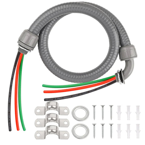 4 Foot Liquid Tight Conduit Kit With 1/2 Inch Pre-Wired Electrical Whip Three 10 AWG THHN Copper Wires Bare Wire Ends 90 Degree And Straight Connectors