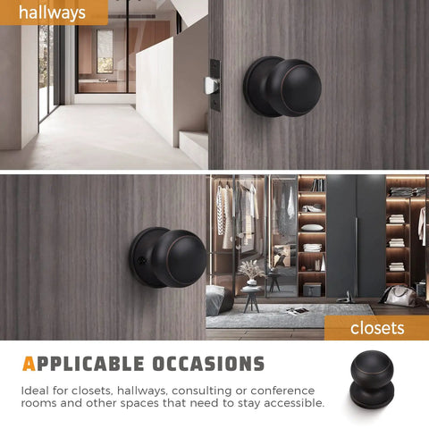 Oil Rubbed Bronze Indoor Door Knobs 2 Pack Non Locking Passage Door Knob Set For Hallway And Closet ANSI Grade 3 Certified Easy Install Durable Hardware shown in hallway and closet settings