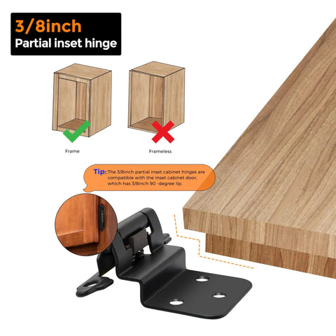 3/8 inch partial inset hinge demonstration, showing compatible cabinet frames with tips for 60 Packs 30 Pairs 3/8 Inch Inset Matte Black Cabinet Hinges Self Closing For Kitchen Bath And Furniture Cabinets And Doors With Door Bumpers Decorative Hardware No Fuss Install.