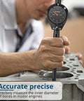 Person using Precision Dial Bore Gauge 0.7 To 6 Inch Range With 6 Inch Depth, 0.0005 Inch Accuracy, 23 Anvils, Chrome Plated Handle