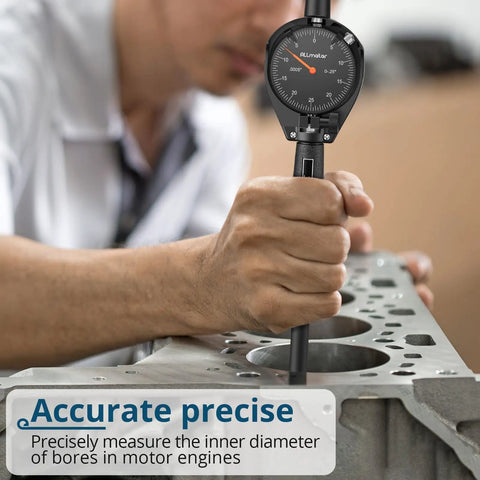 Person using Precision Dial Bore Gauge 0.7 To 6 Inch Range With 6 Inch Depth, 0.0005 Inch Accuracy, 23 Anvils, Chrome Plated Handle