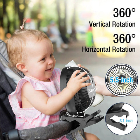 Baby interacting with Portable Desk Fan With 12000mAh Battery, LED Lights And USB Charging, 360-degree rotation display.