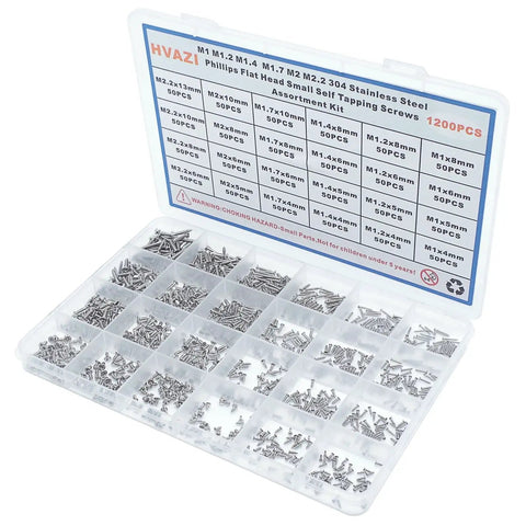 Massive 1200 Pieces 304 Stainless Steel Phillips Flat Head Self Tapping Screws Assortment Kit with 24 Sizes in open case