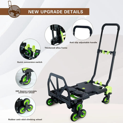 Two-In-One Portable Stair Climbing Dolly With Retractable Handle, 330 Lb Dolly Cart On Wheels For Stairs And Flat Surfaces, Foldable Hand Truck For Home, Warehouse, Supermarket, And Camping, Green, showcasing anti-slip handle and wheels.