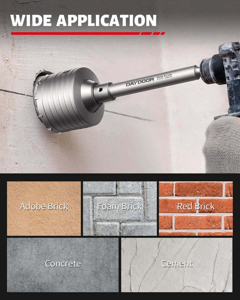 DAYDOOR 6-5/16 in concrete hole saw with SDS Plus shank; tungsten carbide tipped masonry drill bit on a drill