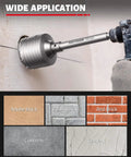 4-1/2 Inch Concrete Hole Saw With SDS Plus Shank Adapter drilling into cement wall, showcasing masonry core drill bit use