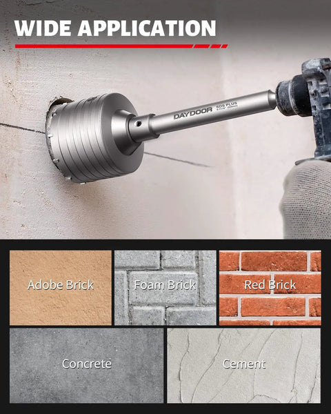 4-1/2 Inch Concrete Hole Saw With SDS Plus Shank Adapter drilling into cement wall, showcasing masonry core drill bit use