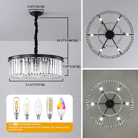 2-Tier Black Modern Crystal Chandelier With 6 Lights, 21.6 Inch Diameter Round Flush Mount Ceiling Fixture, diagram view