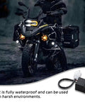 Motorcycle with LED lights in rain, showcasing Motorcycle LED Flasher Relay 2 Pin 12V DC Automatic Operation Universal Fit Black