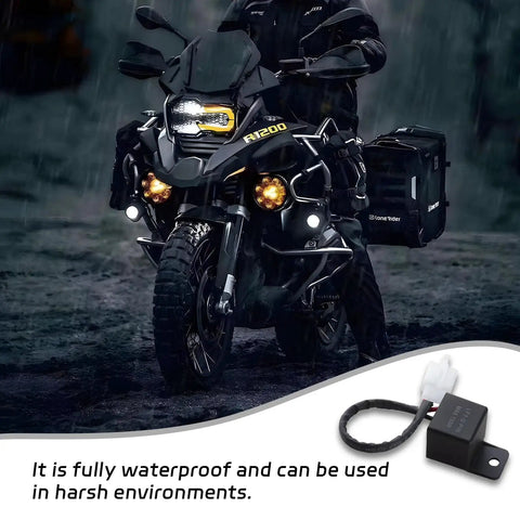 Motorcycle with LED lights in rain, showcasing Motorcycle LED Flasher Relay 2 Pin 12V DC Automatic Operation Universal Fit Black
