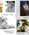 14 In 1 Survival Kit For Men Gift For Him Dad Husband Emergency Gear And Equipment showing bottle clip, whistle, blanket, wire saw