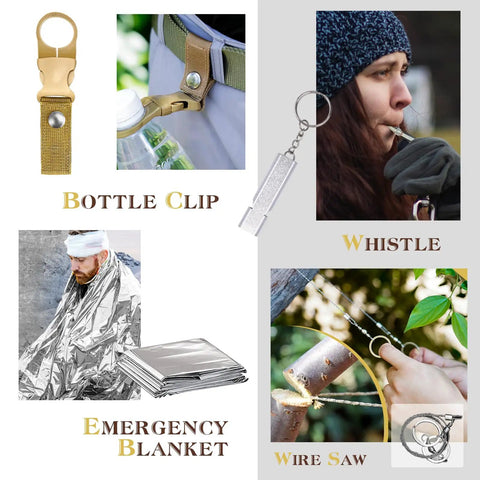 14 In 1 Survival Kit For Men Gift For Him Dad Husband Emergency Gear And Equipment showing bottle clip, whistle, blanket, wire saw