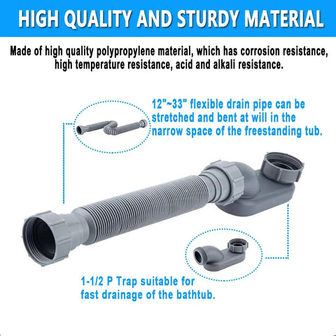 Low Profile 1 1/2 Inch P Trap With Flexible Bathtub Drain Pipe, showing flexible design and sturdy material description.