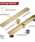 Packaging contents of 28 Inch Linear Shower Drain Gold Rectangular Channel With V Shape Design For Fast Drainage in Shower Rooms.