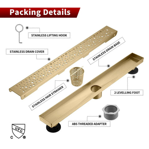 Packaging contents of 28 Inch Linear Shower Drain Gold Rectangular Channel With V Shape Design For Fast Drainage in Shower Rooms.