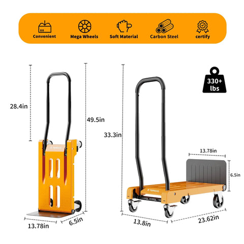 Heavy Duty Folding Hand Truck Dolly, 2 In 1 Collapsible Platform Cart, Quick Switch Two To Four Wheels, Built Tough To Crush Every Heavy Haul And Moving Job dimensions with handle heights.