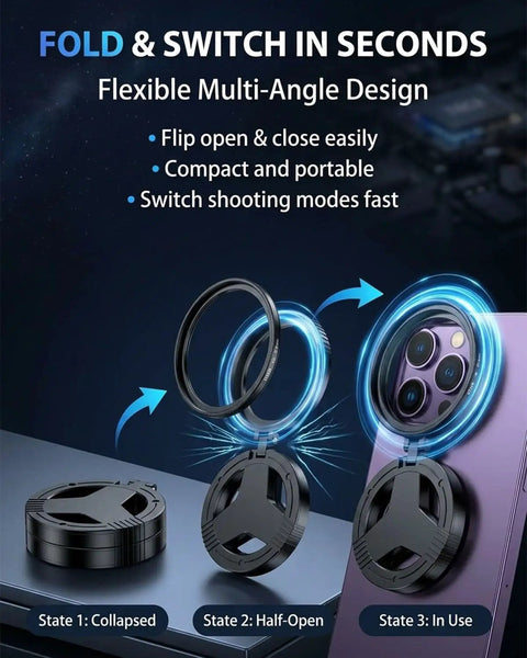 Anti-Glare Magnetic Phone Filter 2 In 1 CPL And Star Filter for iPhone with folding design showing three stages of use.