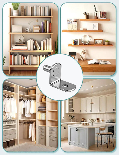 25 Pack Heavy Duty Shelf Pins 5mm Stainless Steel Cabinet Hardware in modern storage settings with books and decor