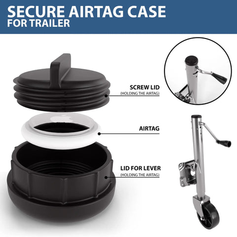 Heavy Duty Discreet Apple AirTag Trailer Jack Mount showing black waterproof case to securely hold AirTag while attached to trailer.