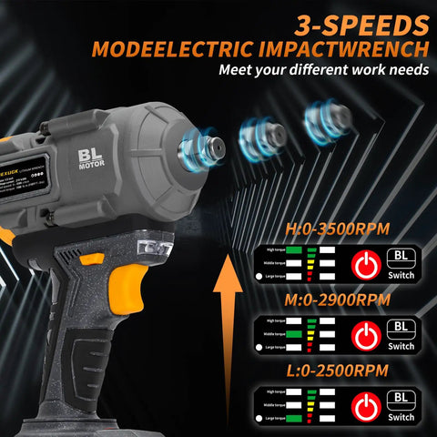 High Torque Cordless Impact Wrench 1500 Nm One Half Inch Drive with BL motor and 3-speed settings display