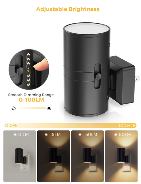 Four Pack Plug In Night Lights With Dimmable Brightness showing dimming range from 0 to 100LM, black wall mounted design, light sensor auto on off