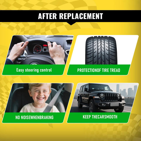 TUCAREST 10pc suspension kit after replacement: four-panel graphic showing steering wheel, tire, child with seatbelt, and SUV