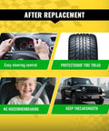 Diagram showing benefits after replacement, including steering control, tire tread protection, noise reduction, and smooth ride.