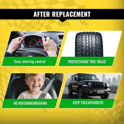 Diagram showing benefits after replacement, including steering control, tire tread protection, noise reduction, and smooth ride.