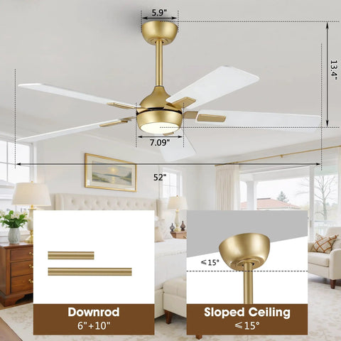 52 Inch White Gold Ceiling Fan With Light And Remote DC Motor 6 Speeds Reversible Dimmable 3CCT LED in bedroom