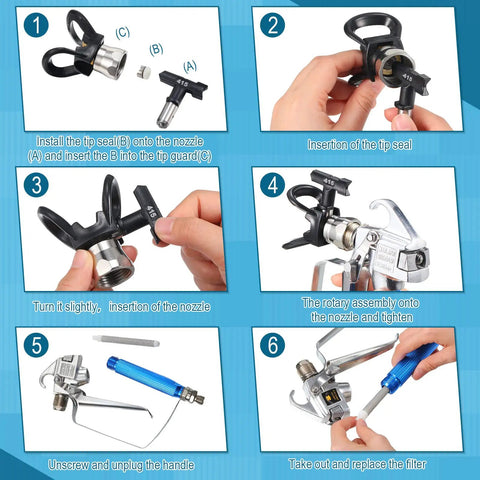 Airless Sprayer Tips And Filters Pack 20 Piece Replacement Set installation steps for reversible tip heads and filters.