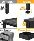 Comparison image of Totally Legit Nightstands Set Of 2 with specs on steel legs, drawer depth, and material details.