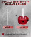 2-Inch PVC Pipe Reamer Kit With 2-Inch Head, Fitting Saver For SCH 40 ABS CPVC Pipes, shown with wrench and drill bit adapter.