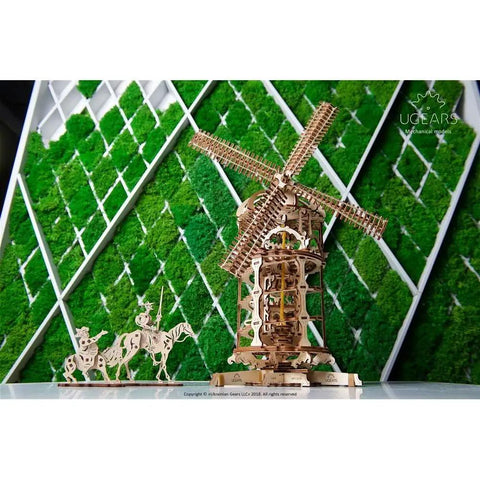 Mechanical Wooden 3D Puzzle Tower Windmill Kit For Adults And Teens, Interactive Gear Driven Construction Set, Creative STEM Build, hand crank model on green backdrop