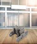 heavy-duty concealed stainless steel hinge in front of modern building entrance
