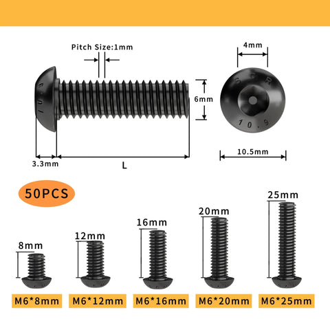 Image showing M6 Button Head Socket Cap Screws Set Beefy 8mm 12mm 16mm 20mm 25mm Fully Threaded Grade 10 9 Alloy Steel Black Oxide Hex Drive