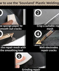 Steps showing how to use 110V Plastic Welder Kit With 100 Plastic Rods, 3 Tips, 3 Wire Mesh for bumper and kayak repairs.