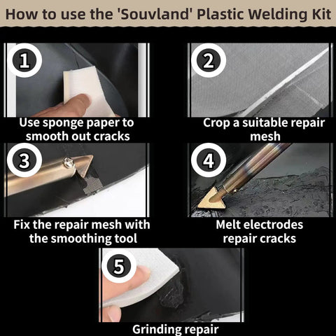 Steps showing how to use 110V Plastic Welder Kit With 100 Plastic Rods, 3 Tips, 3 Wire Mesh for bumper and kayak repairs.