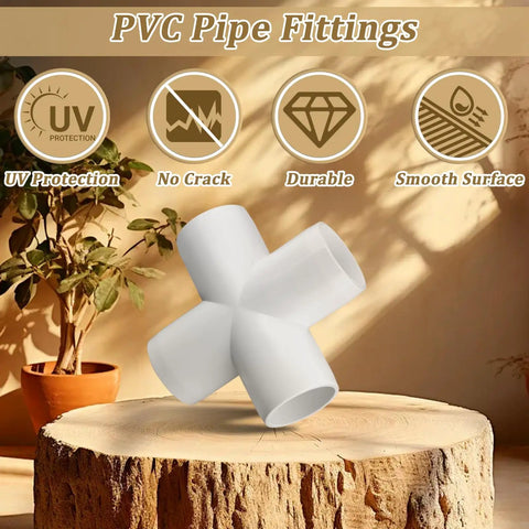 12 Pack Three Quarter Inch PVC Cross Fittings Furniture Grade Four Way UV Resistant For SCH40 Pipe on wooden surface