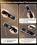 Instant Read Meat Thermometer With Temp Lock And Auto Resume 0.5 Second Digital Probe IP67 Waterproof display and probe angle features
